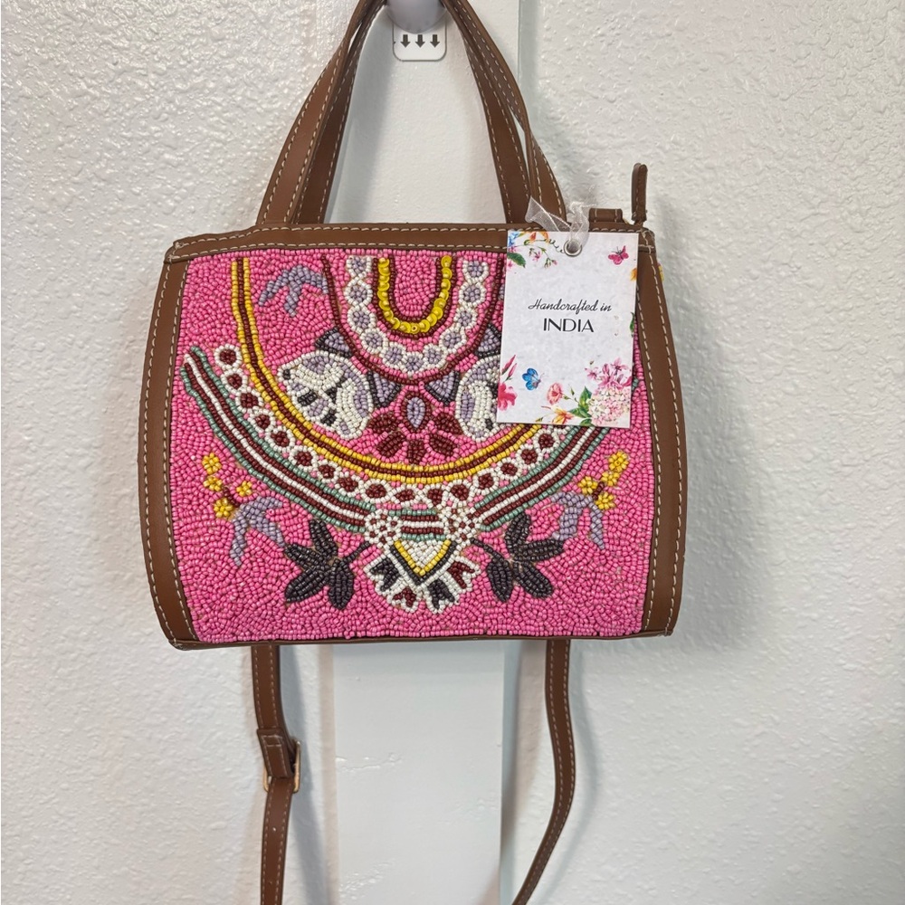 NWT Anthropologie Crossbody Bag Pink and Brown with Boho Embroidery - Picture 2 of 11